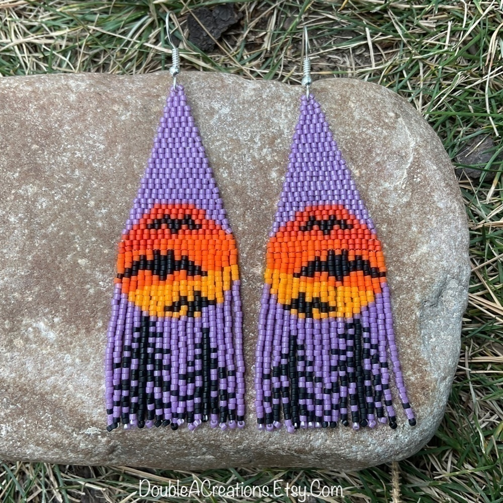 Bats in the Moon Beaded Earrings with Fringe, New, Handmade by Me - Picture 7 of 8